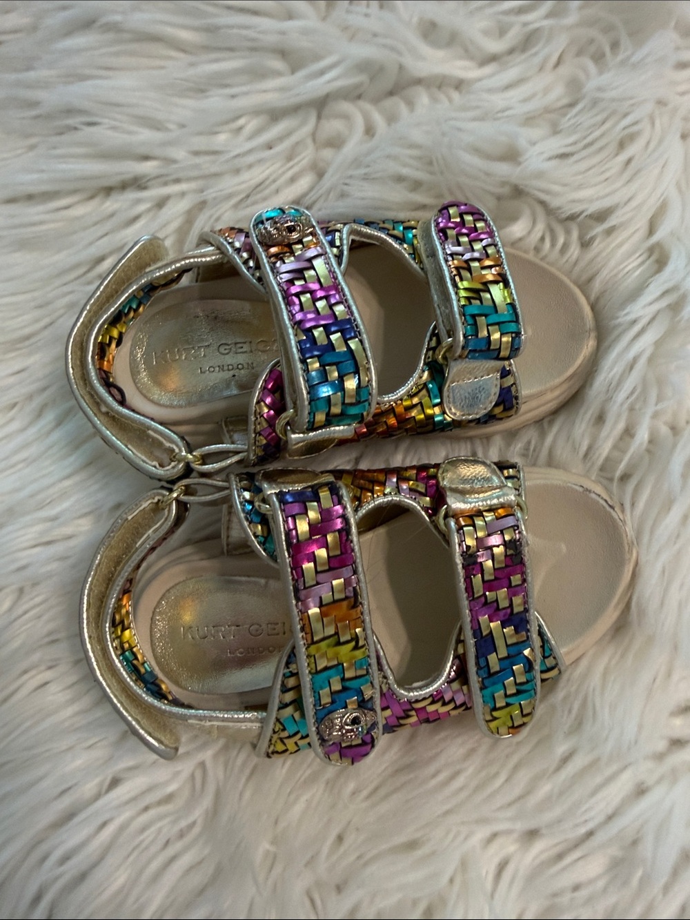 Kurt Geiger Kids Metallic Rainbow Woven Strap Sandals size 24M good condition